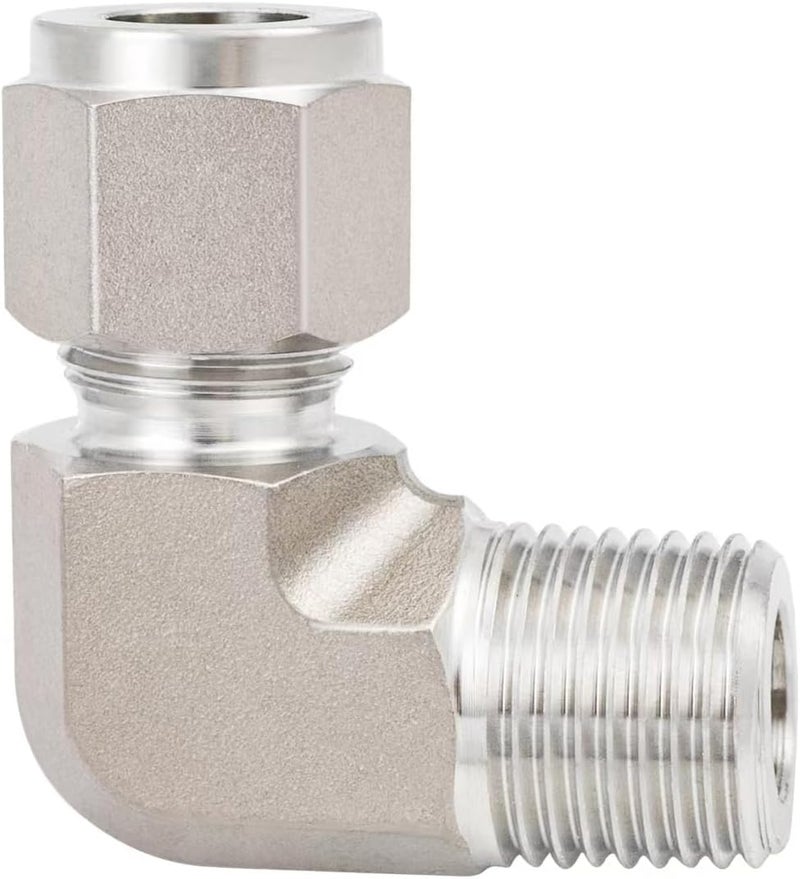 Pysrych Stainless Steel 316L Forged Compression Tube Fitting, 90 Degree Male Elbow with Double Ferrules, 1/4" OD (7/16-20UNF) x 1/4" NPT Male, 1pc - Image 2